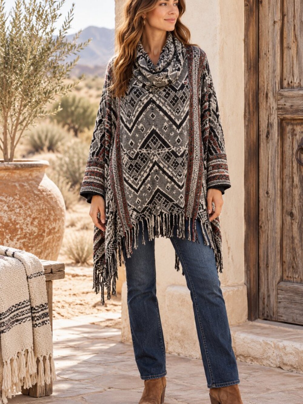 Free People Be The One Poncho Sweater M Aztec Fringe Cowl Neck Western Boho